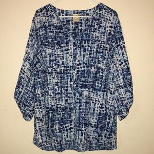Blue Patterned Button-Up Blouse